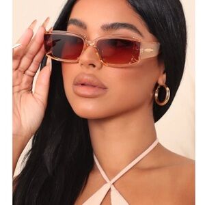 Y2K Narrow Rectangle Sunglasses Nude Transparent Frame, Brown Shades for Women
